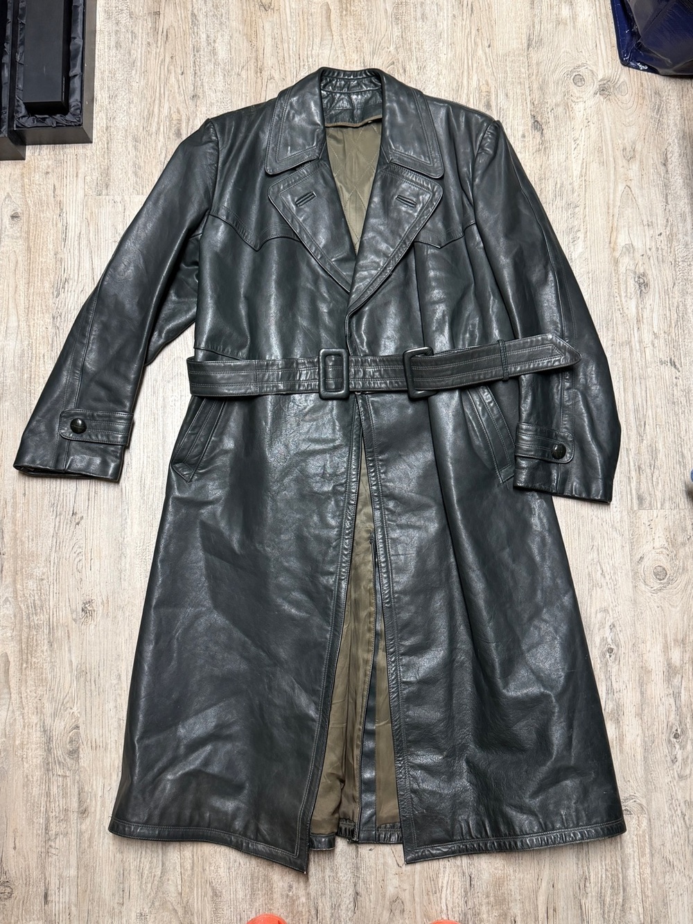 Vintage Men's Black Leather Trench Coat with Belted Waist